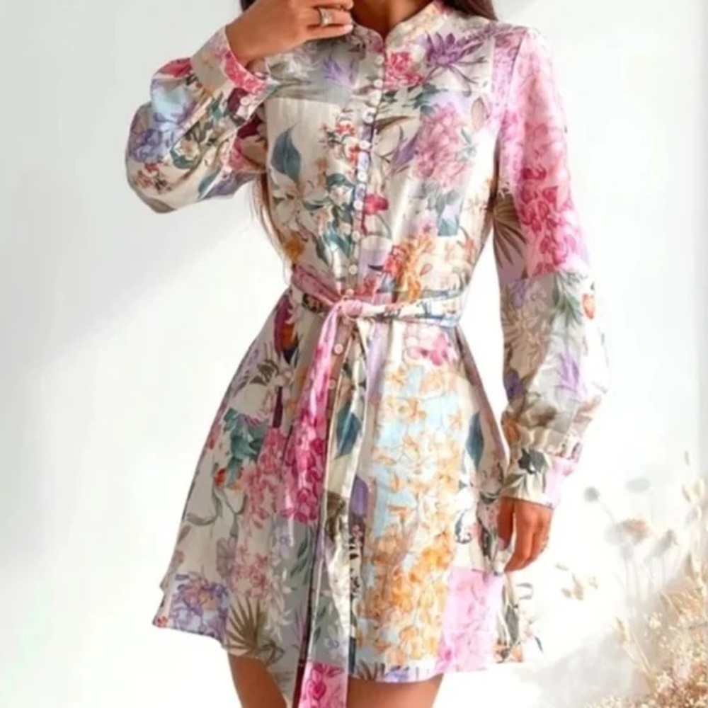 Zara Floral Long Sleeve Shirt Dress in Pink, Purple, Blue and Cream